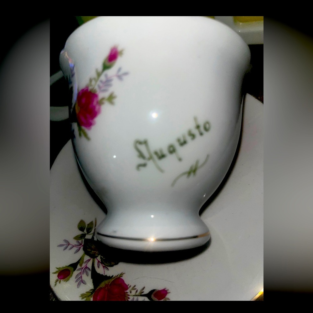Vintage hand painted “Augusto” Rosebud Teacup and Saucer Set